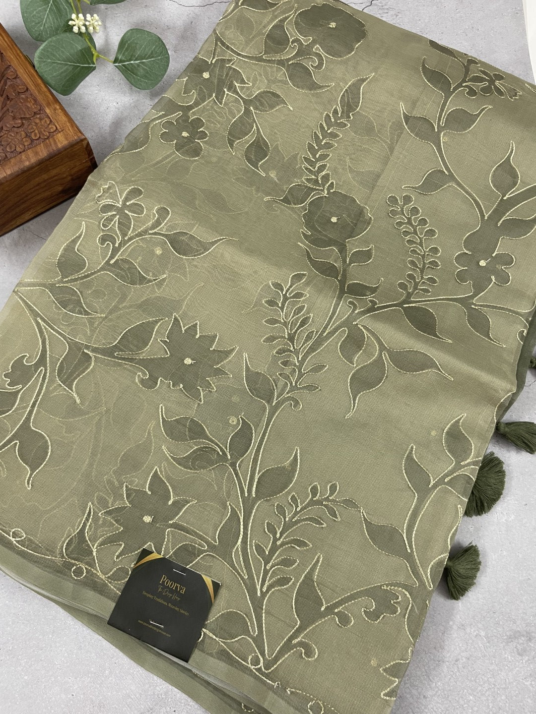 Olive Green Printed Zari Highlight Organza Saree