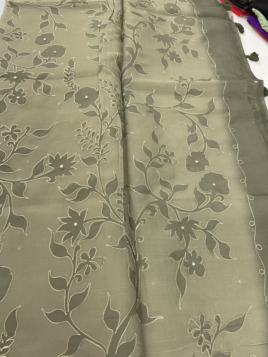 Olive Green Printed Zari Highlight Organza Saree