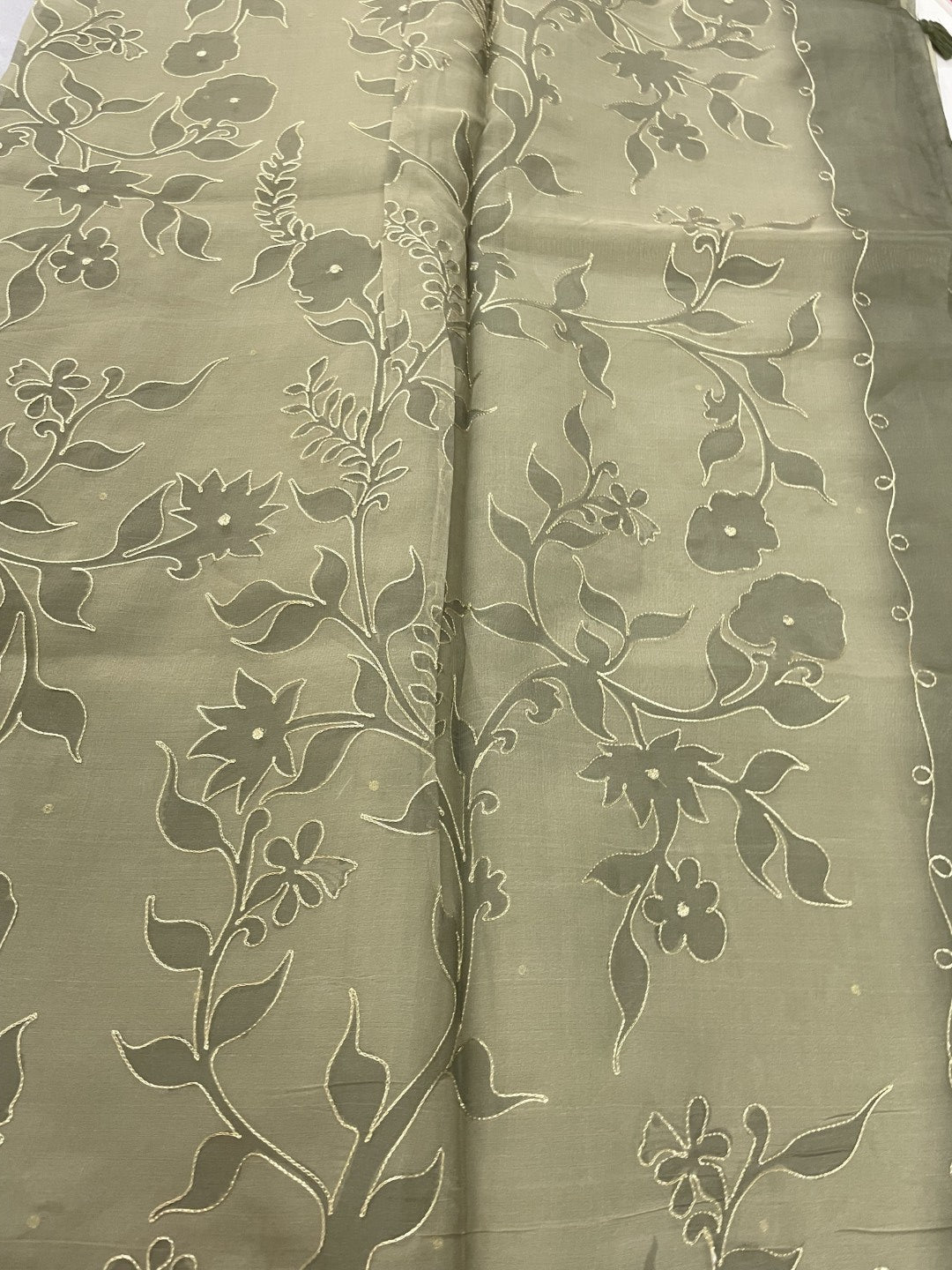 Olive Green Printed Zari Highlight Organza Saree