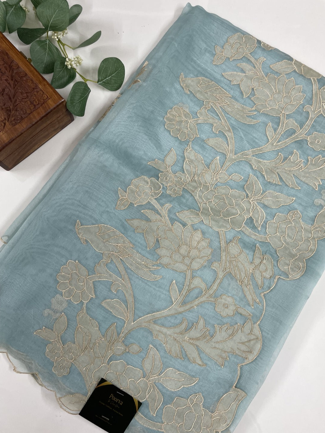 Patel Blue Applique Soft Organza Saree