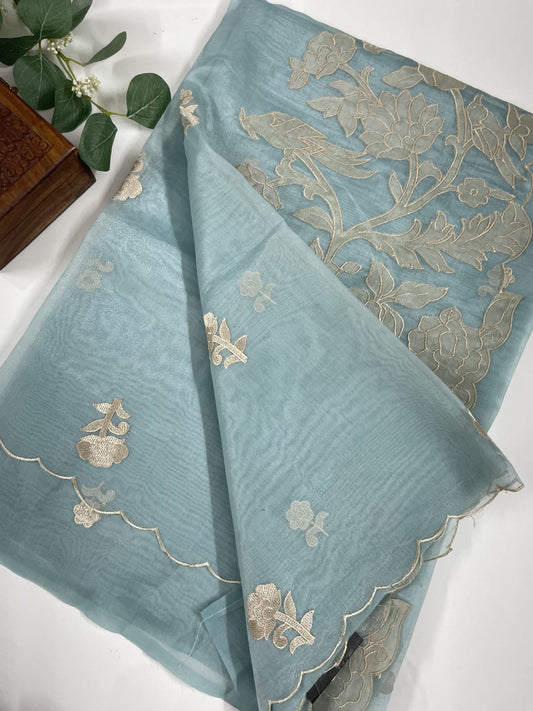 Patel Blue Applique Soft Organza Saree