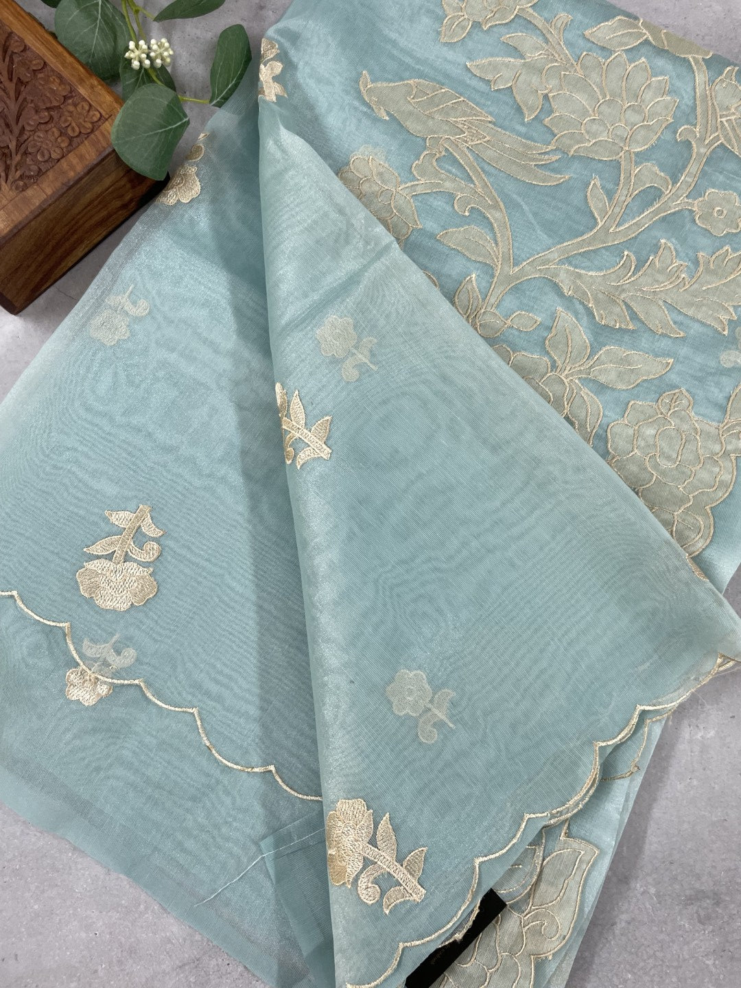 Patel Blue Applique Soft Organza Saree