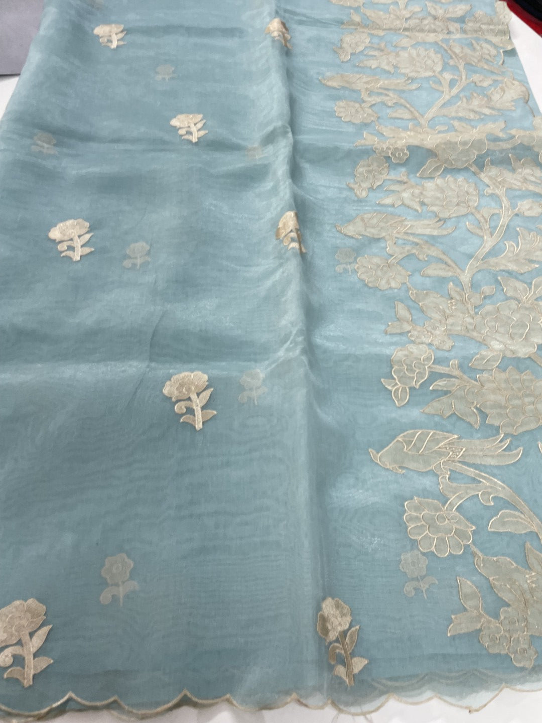 Patel Blue Applique Soft Organza Saree