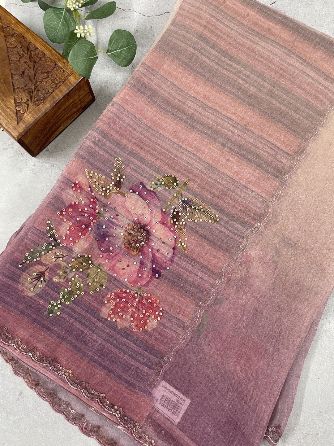 Purple Printed Scallop Work Crushed Tissue Saree