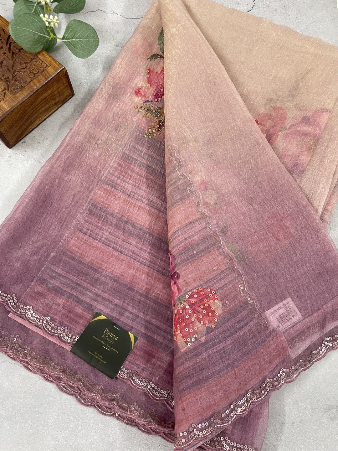 Purple Printed Scallop Work Crushed Tissue Saree