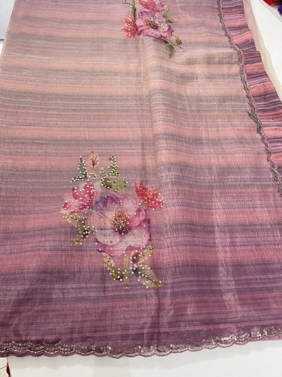 Purple Printed Scallop Work Crushed Tissue Saree