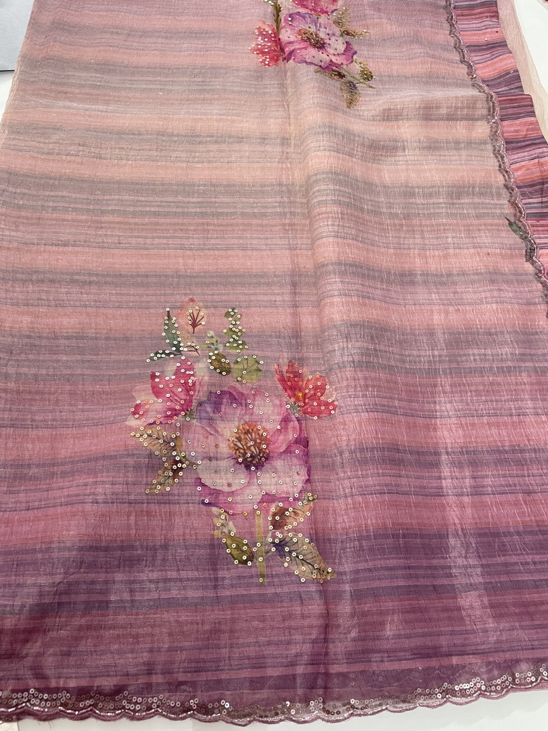 Purple Scallop Embroidered Crushed Tissue Saree