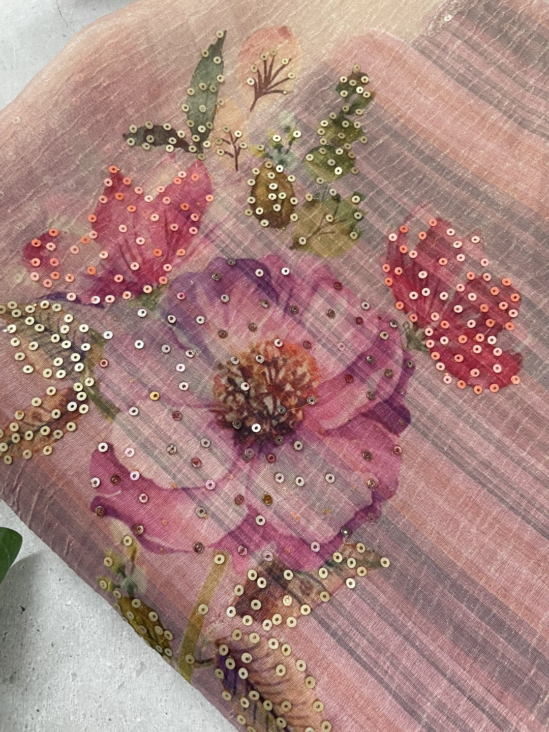 Purple Printed Scallop Work Crushed Tissue Saree