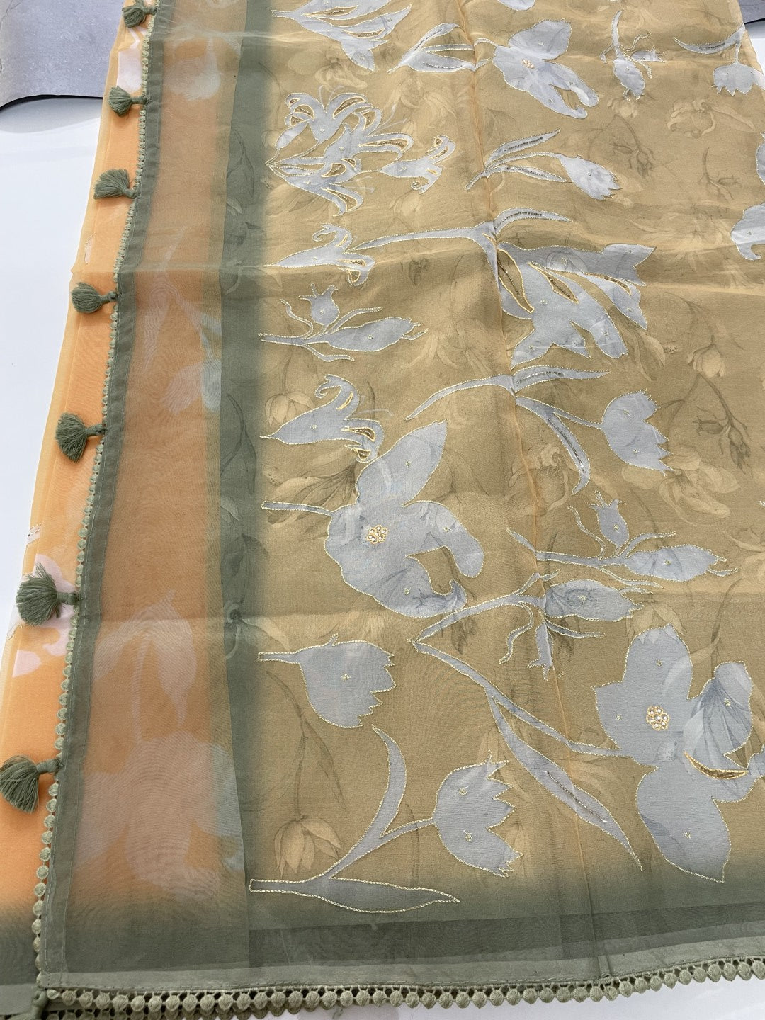 Yellow N Green Printed Embroidered Organza Saree