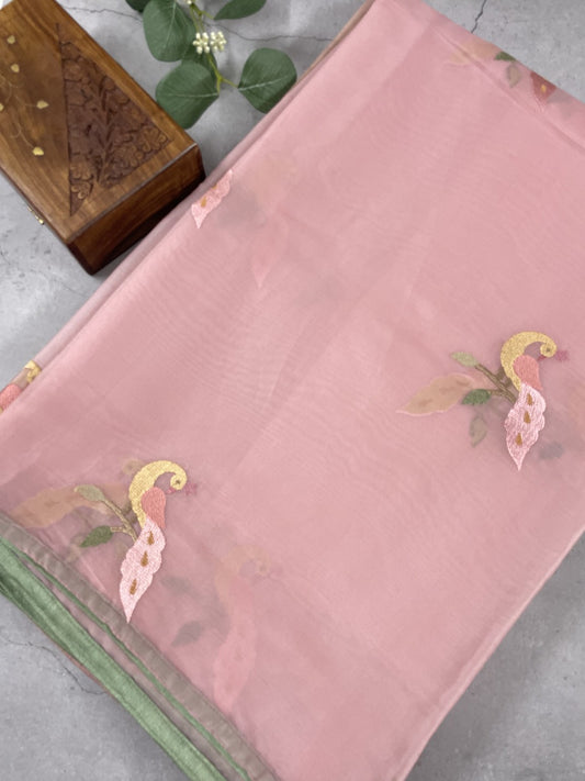 Pink Peacock Embroidery Organza Saree