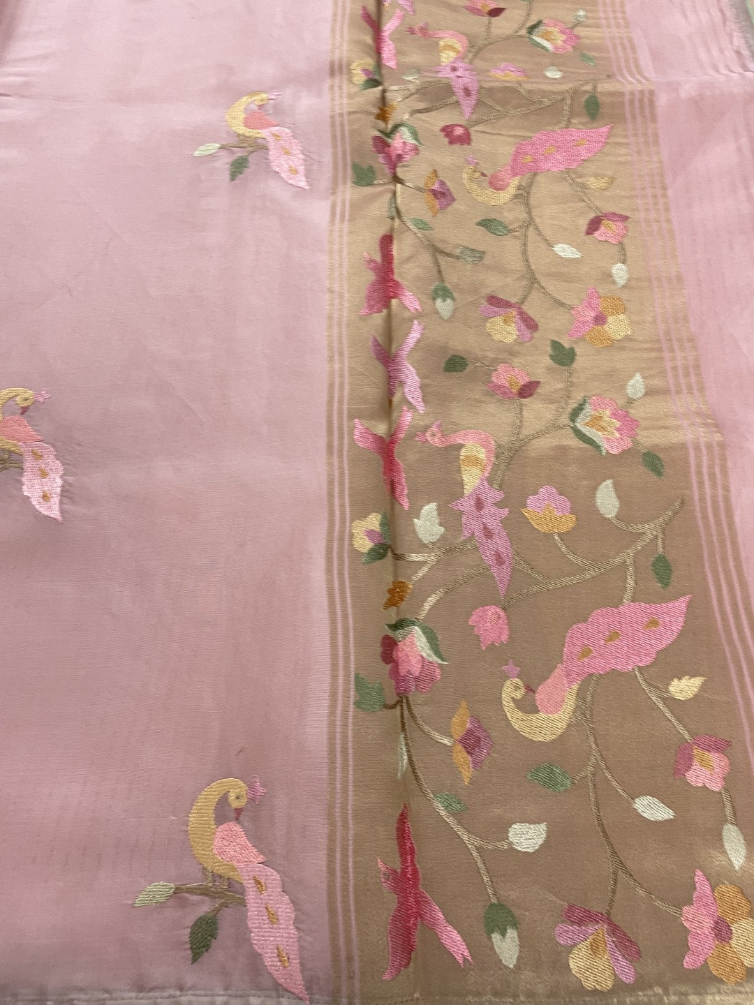 Pink Peacock Embroidery Organza Saree