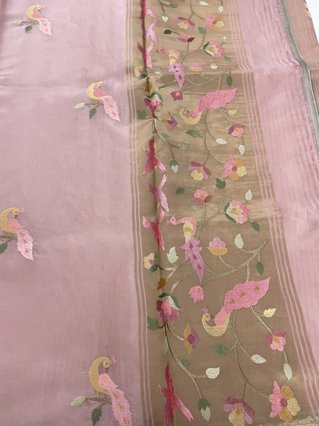 Pink Peacock Embroidery Organza Saree