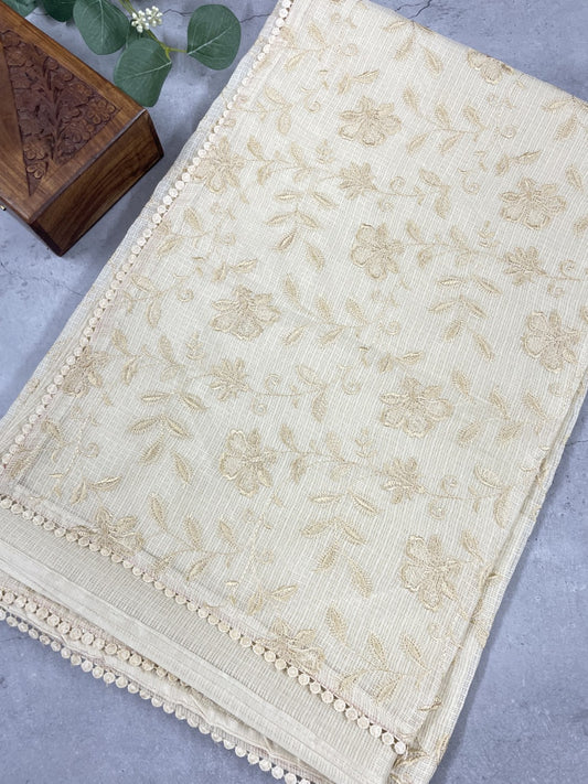 Off White Embroidered Kota Cotton Saree