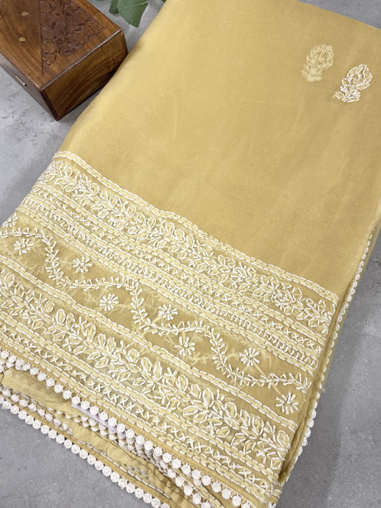 Dusty Yellow Chikankari Handwork Soft Organza Saree