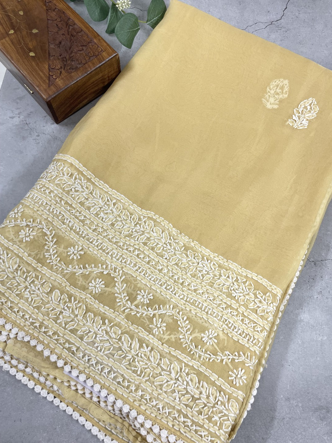 Dusty Yellow Chikankari Handwork Soft Organza Saree