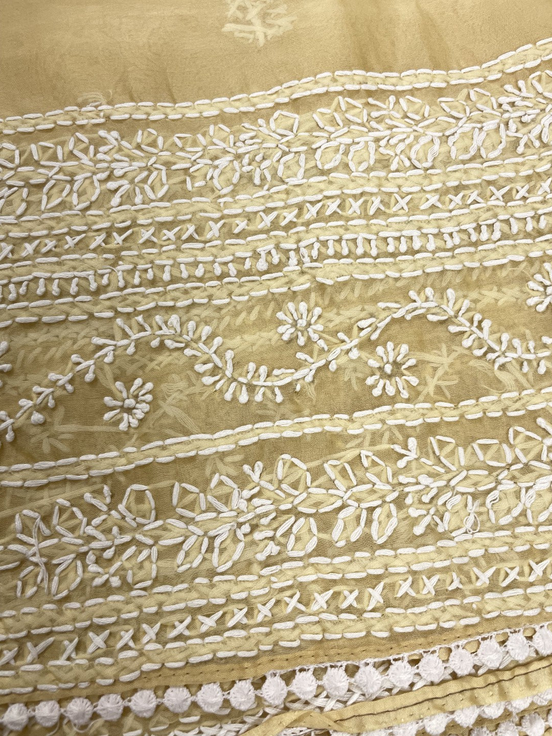 Dusty Yellow Chikankari Handwork Soft Organza Saree