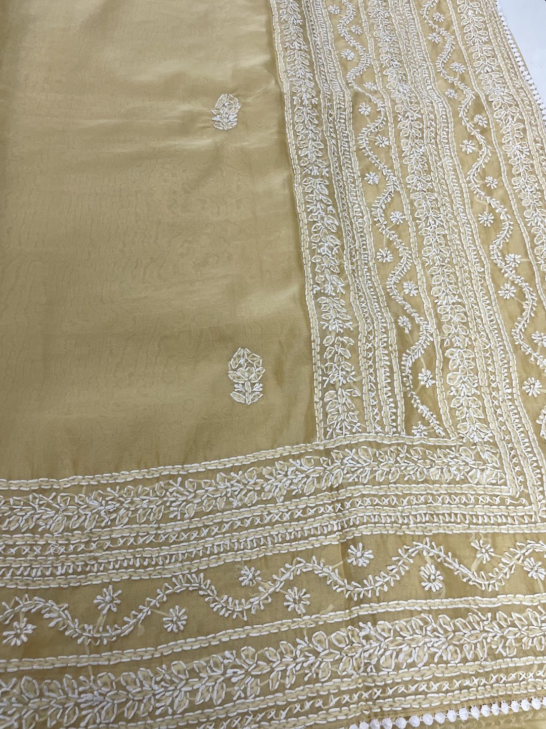Dusty Yellow Chikankari Handwork Soft Organza Saree