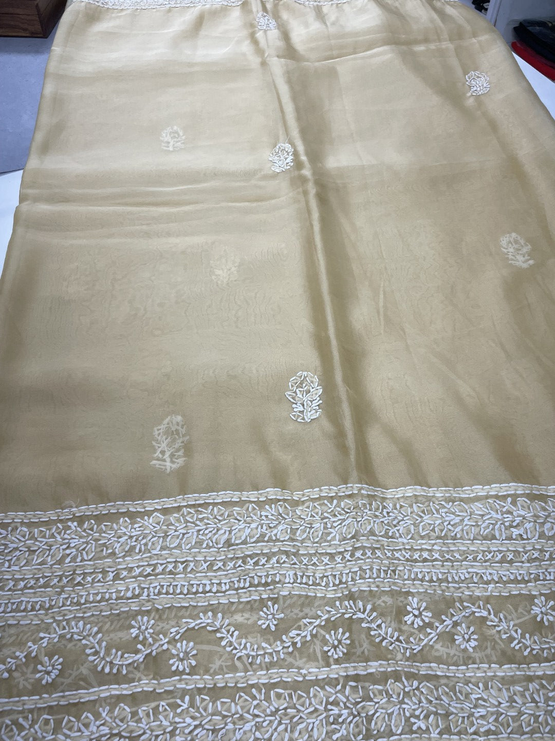 Beige Chikankari Embroidered Organza Saree