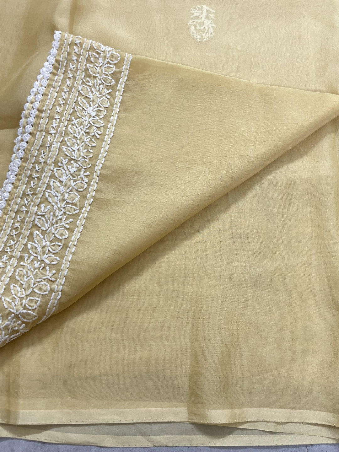 Dusty Yellow Chikankari Handwork Soft Organza Saree