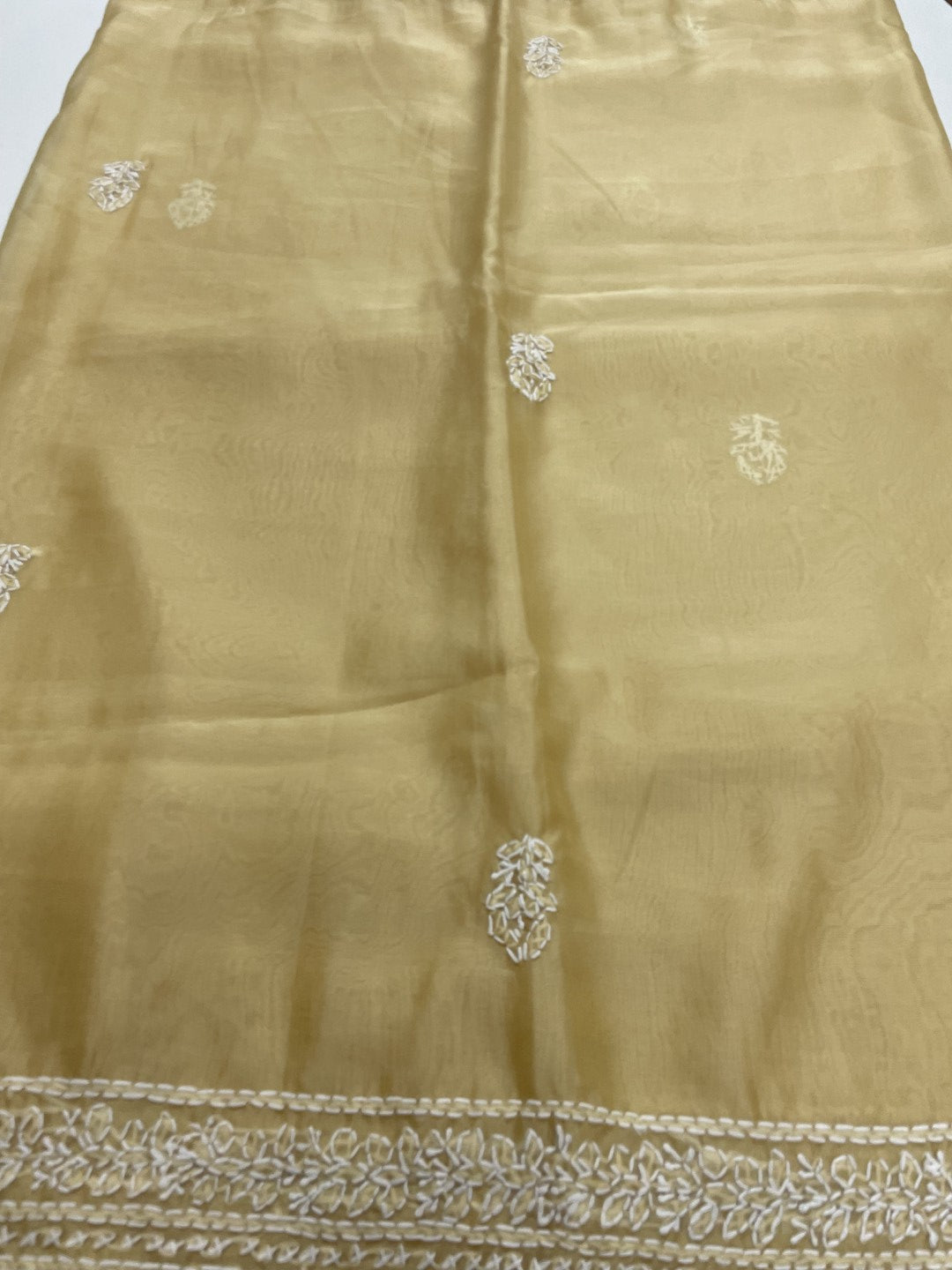 Dusty Yellow Chikankari Handwork Soft Organza Saree