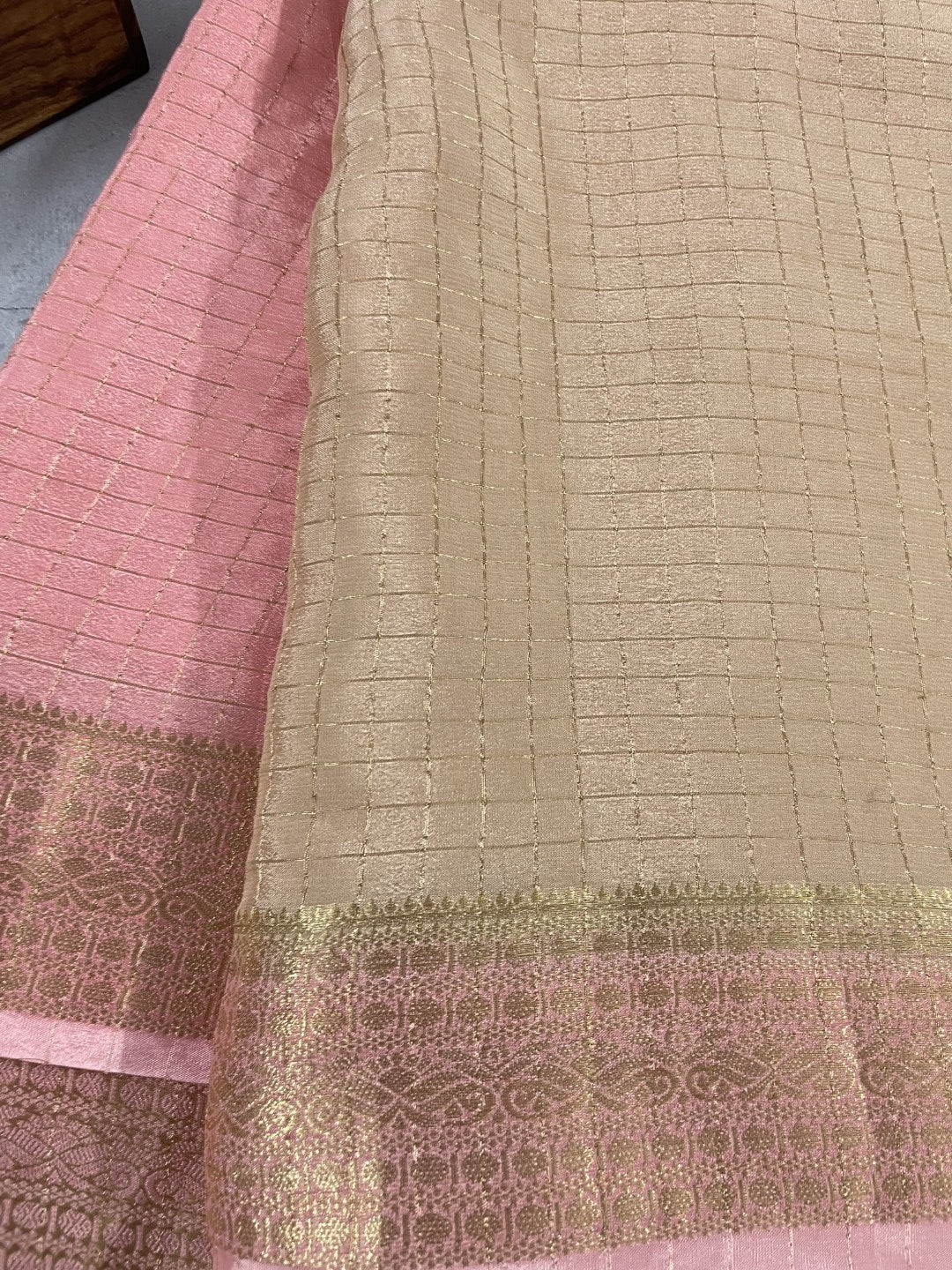 Peach Zari Highlighted Premium Chinnon Georgette Saree