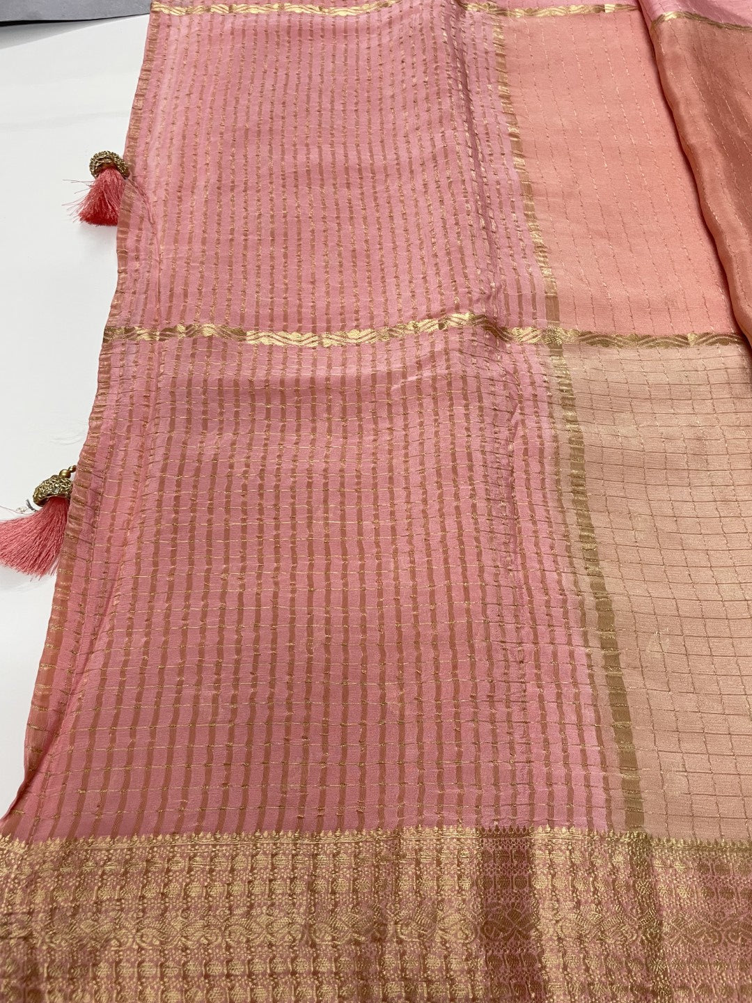Peach Zari Highlighted Premium Chinnon Georgette Saree