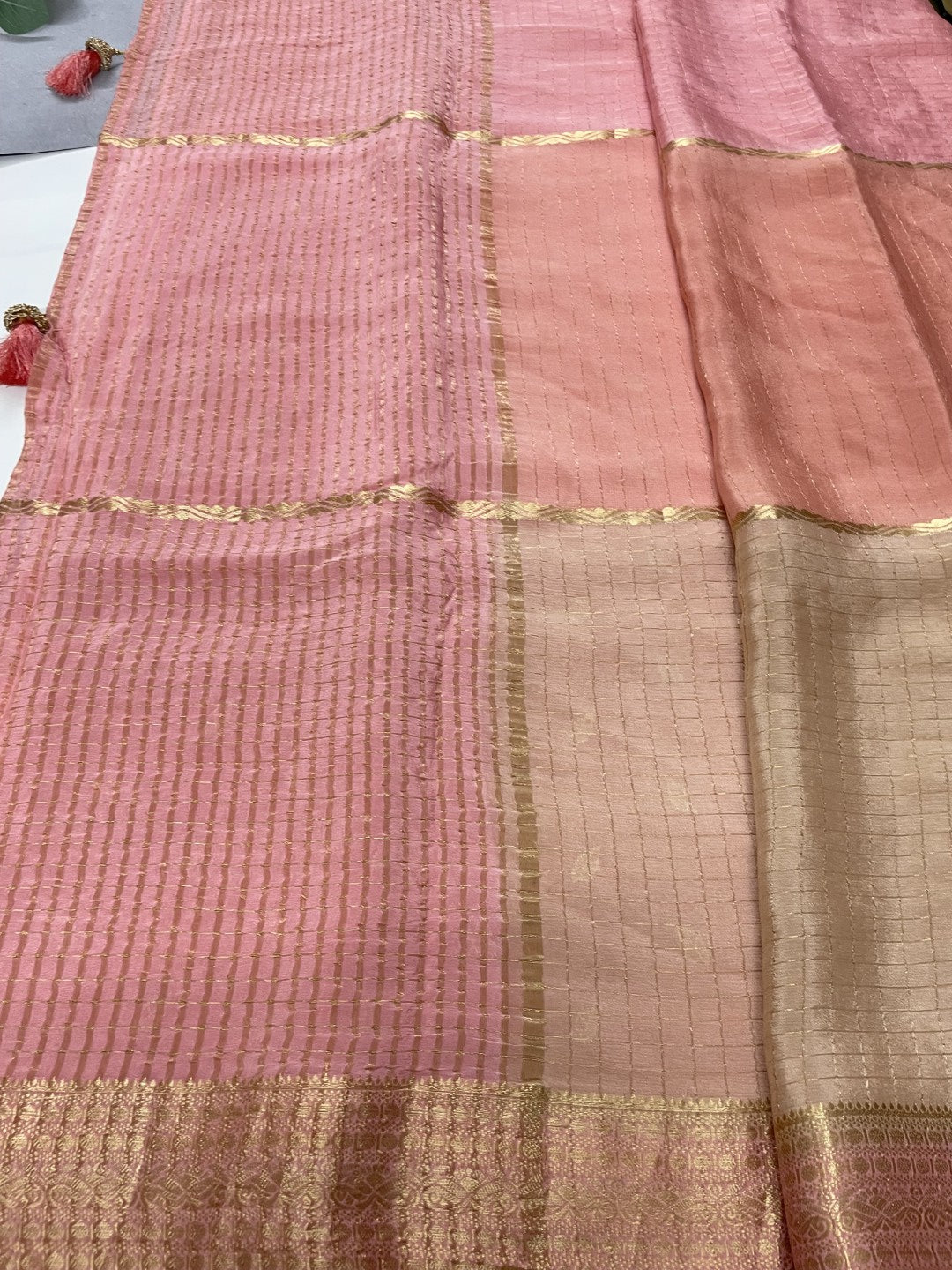 Peach Zari Highlighted Premium Chinnon Georgette Saree