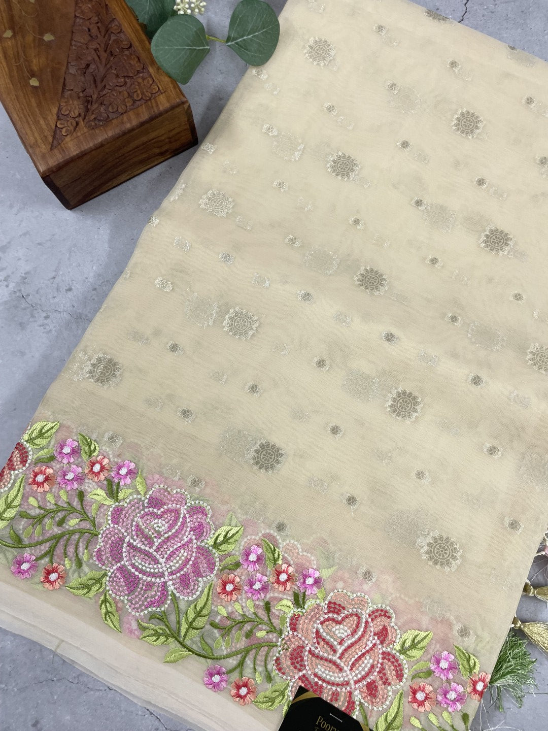 Off White Floral Embroidered Organza Saree