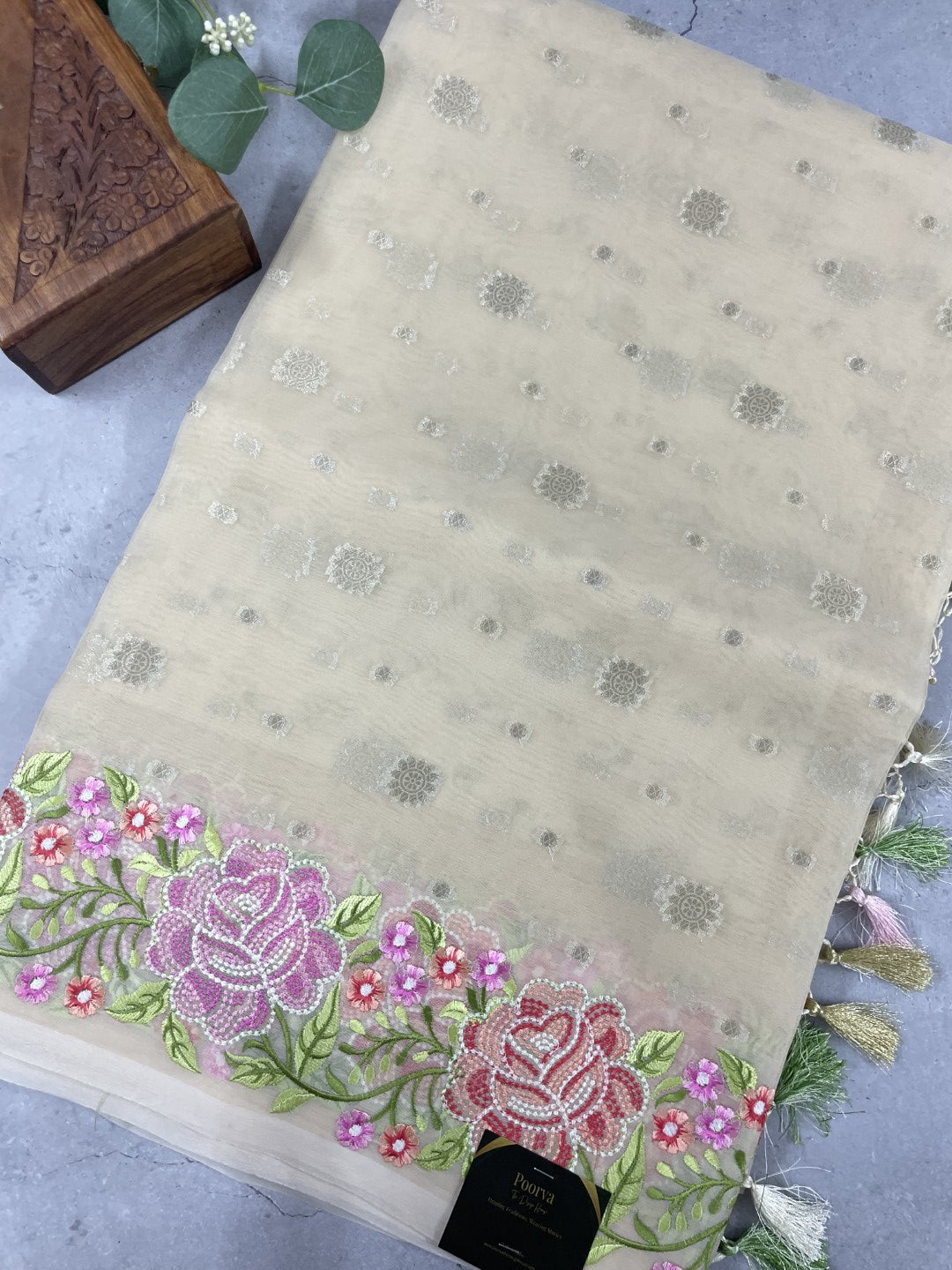 Beige Embroidered Organza Saree