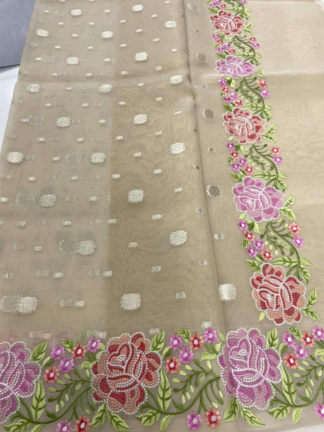 Off White Floral Embroidered Organza Saree