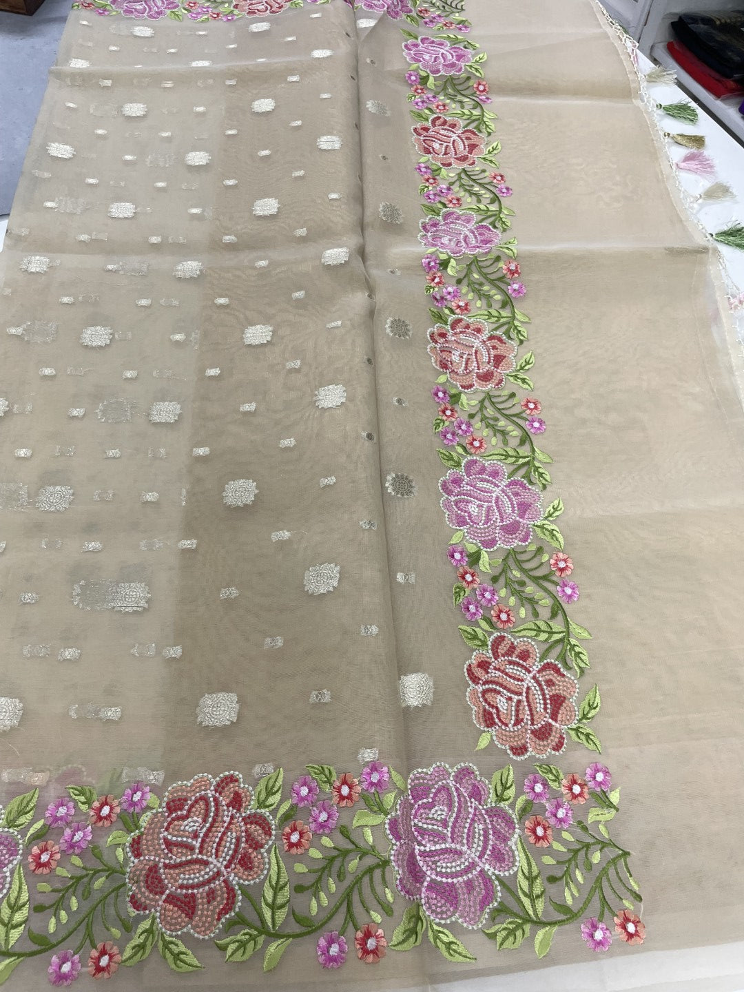 Off White Floral Embroidered Organza Saree