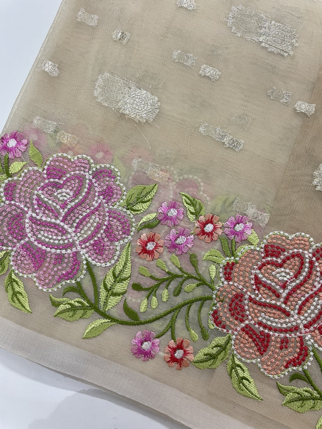 Off White Floral Embroidered Organza Saree