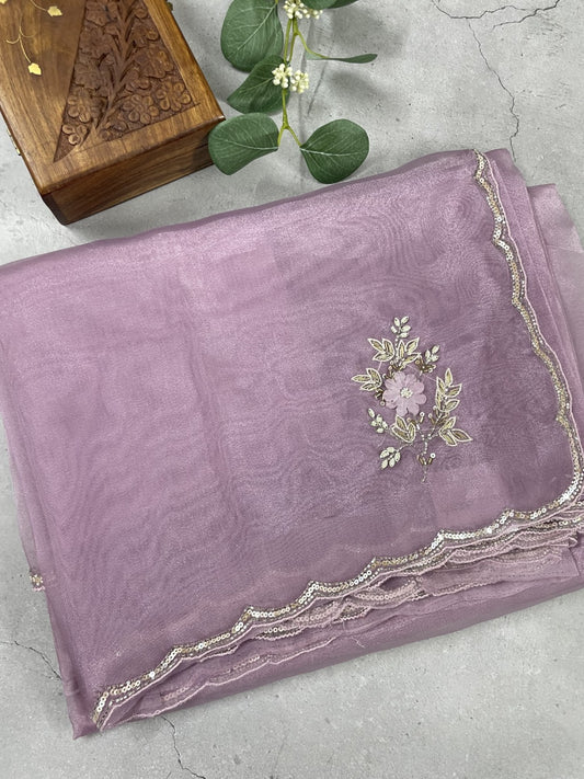 Dusty Purple Scallop Handwork Organza Saree