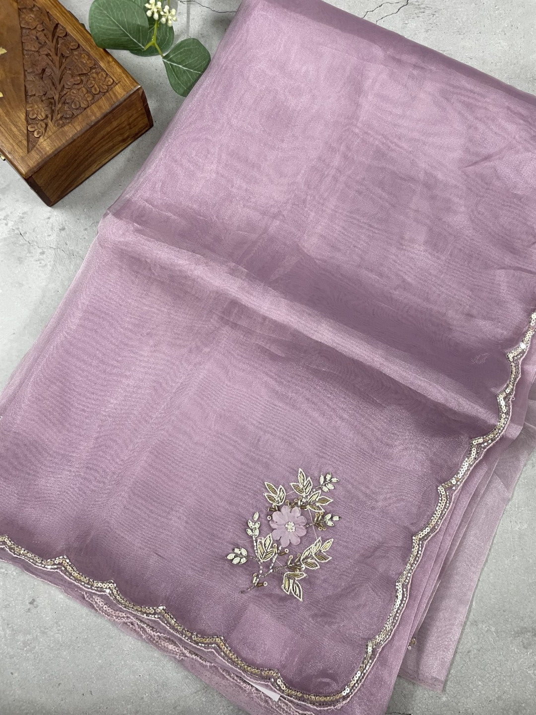 Dusty Purple Scallop Handwork Organza Saree