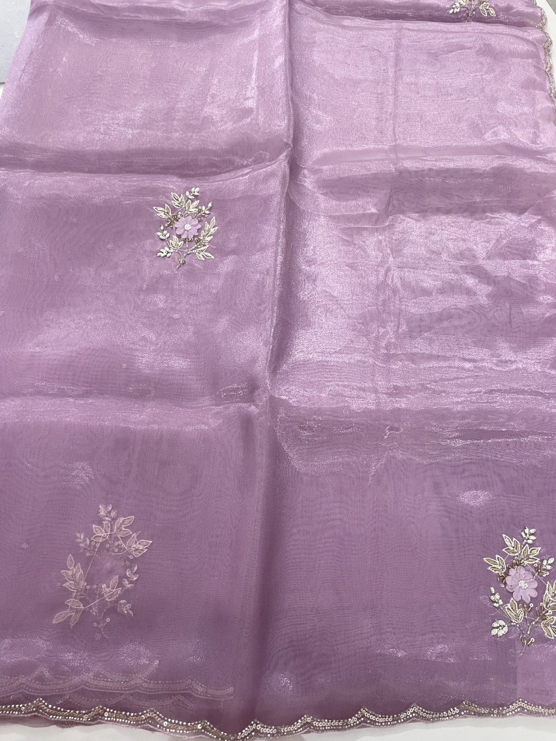 Dusty Purple Scallop Handwork Organza Saree