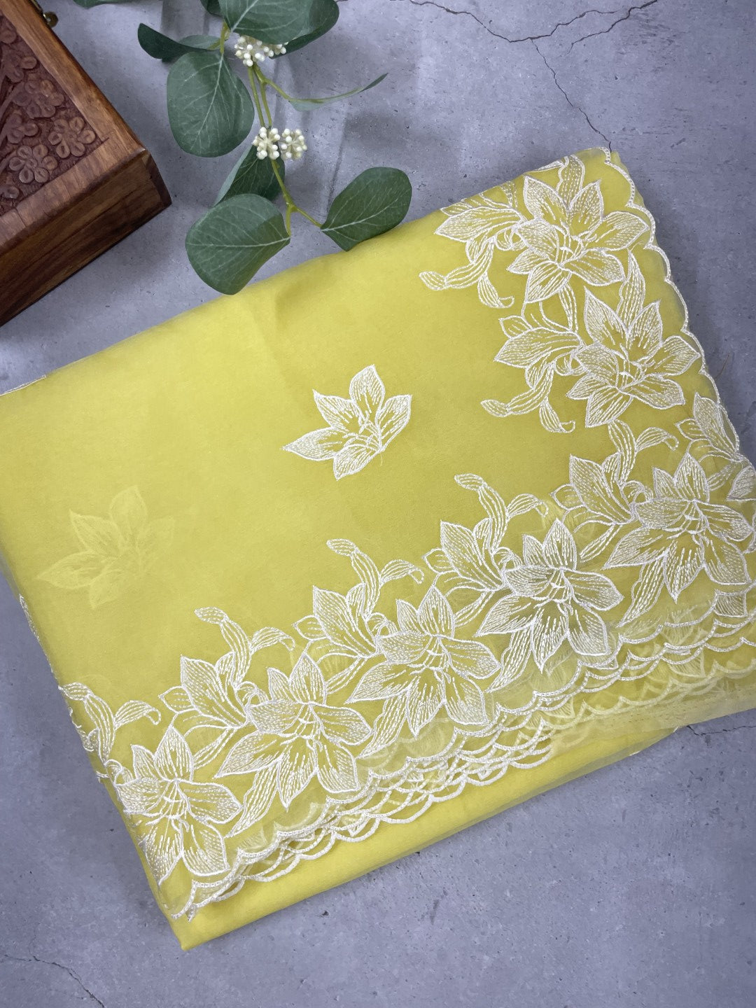 Yellow Thread Embroidred Organza Saree
