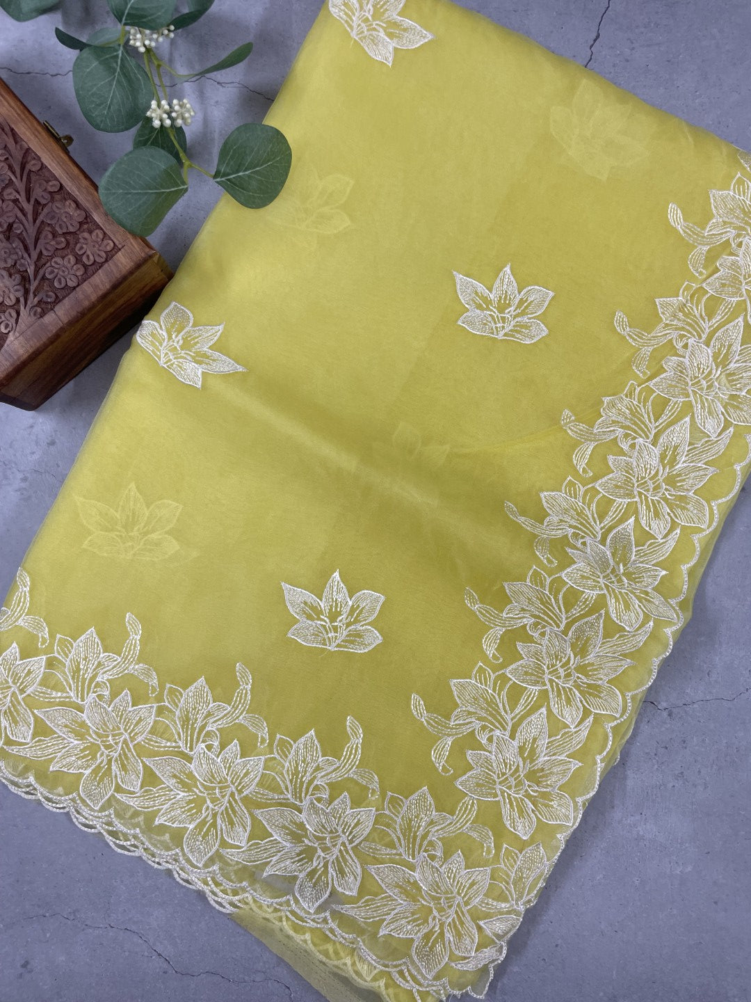 Yellow Thread Embroidred Organza Saree
