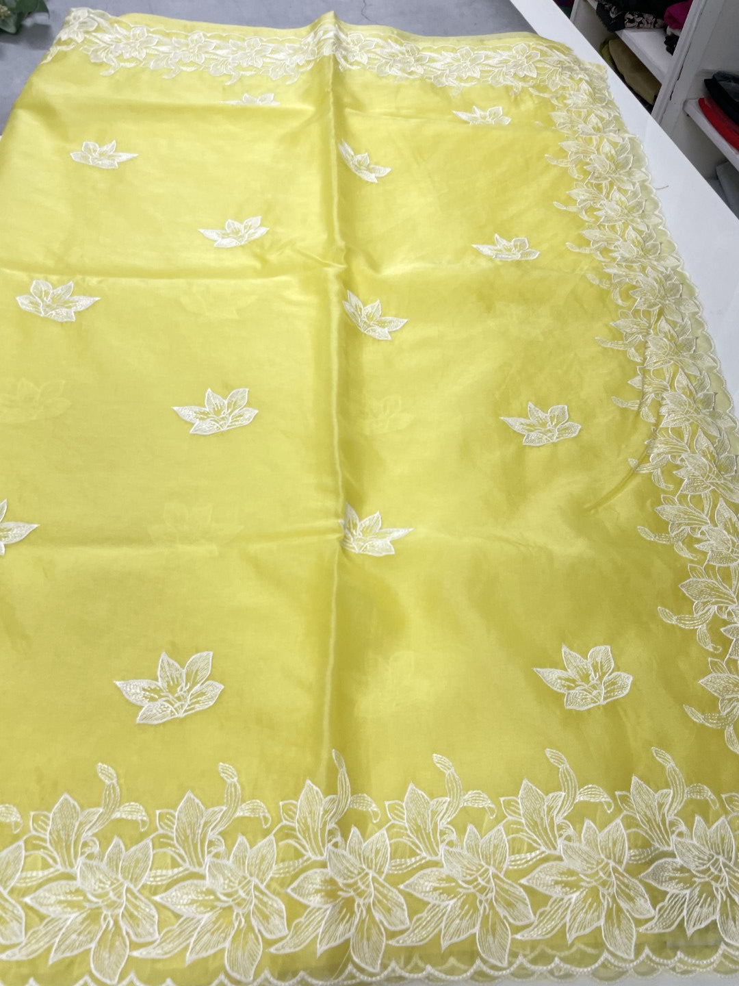 Yellow Thread Embroidred Organza Saree