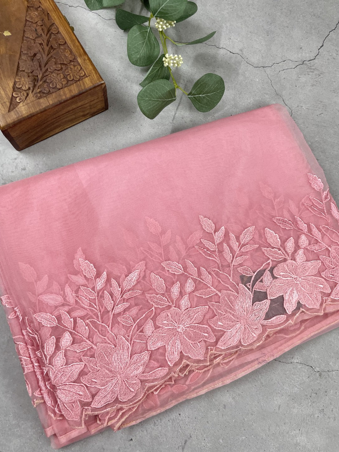 Pink Thread Embroidred Organza Saree