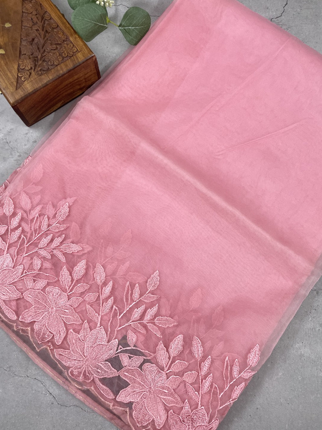 Pink Thread Embroidred Organza Saree