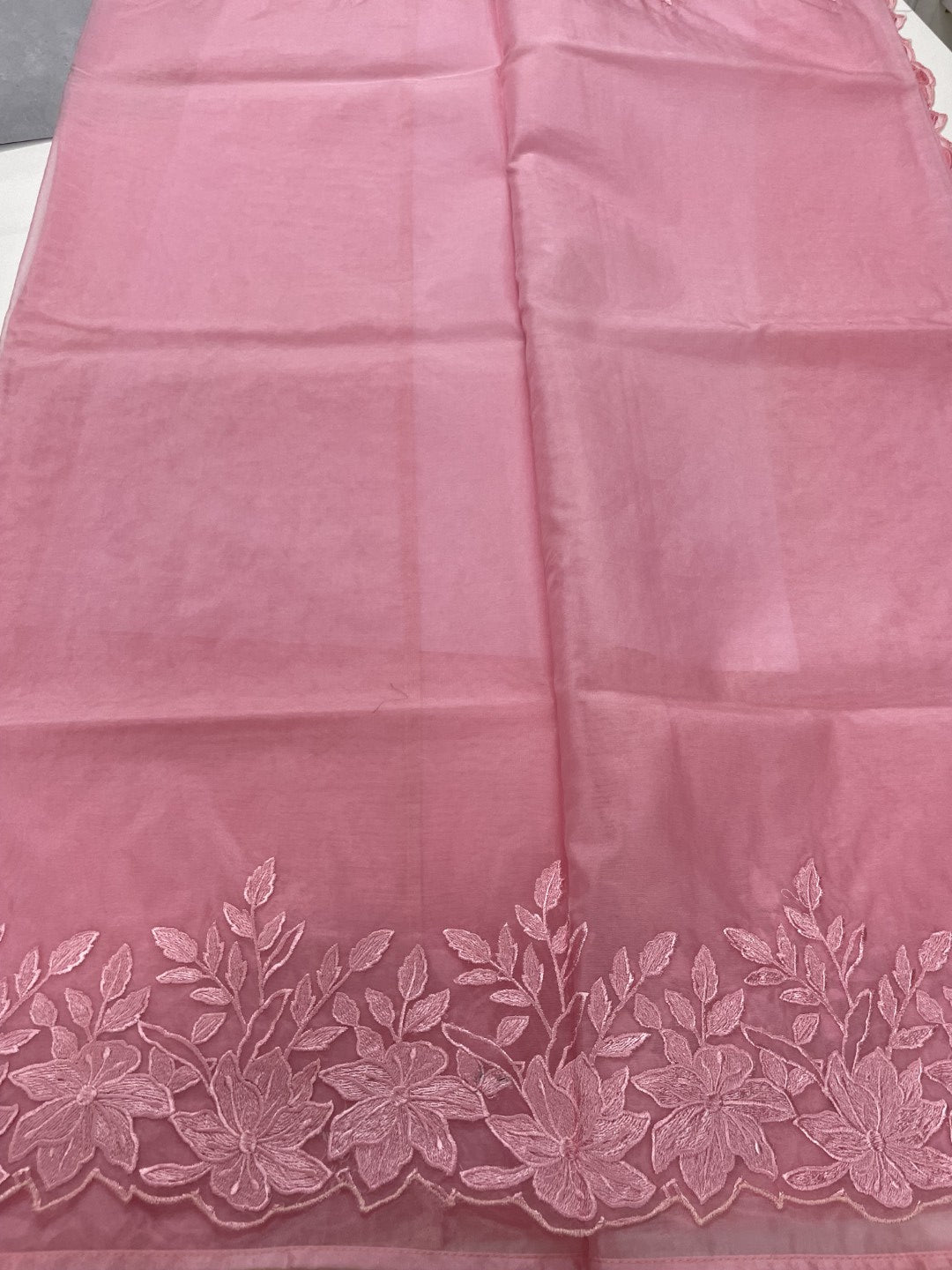 Pink Thread Embroidred Organza Saree