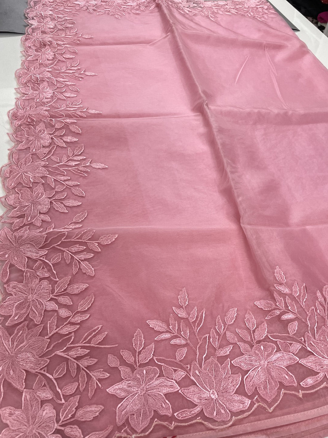 Pink Thread Embroidred Organza Saree
