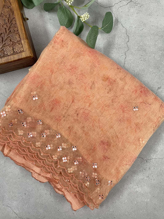 Peach Printed Mirror Work Crushed Tissue Saree