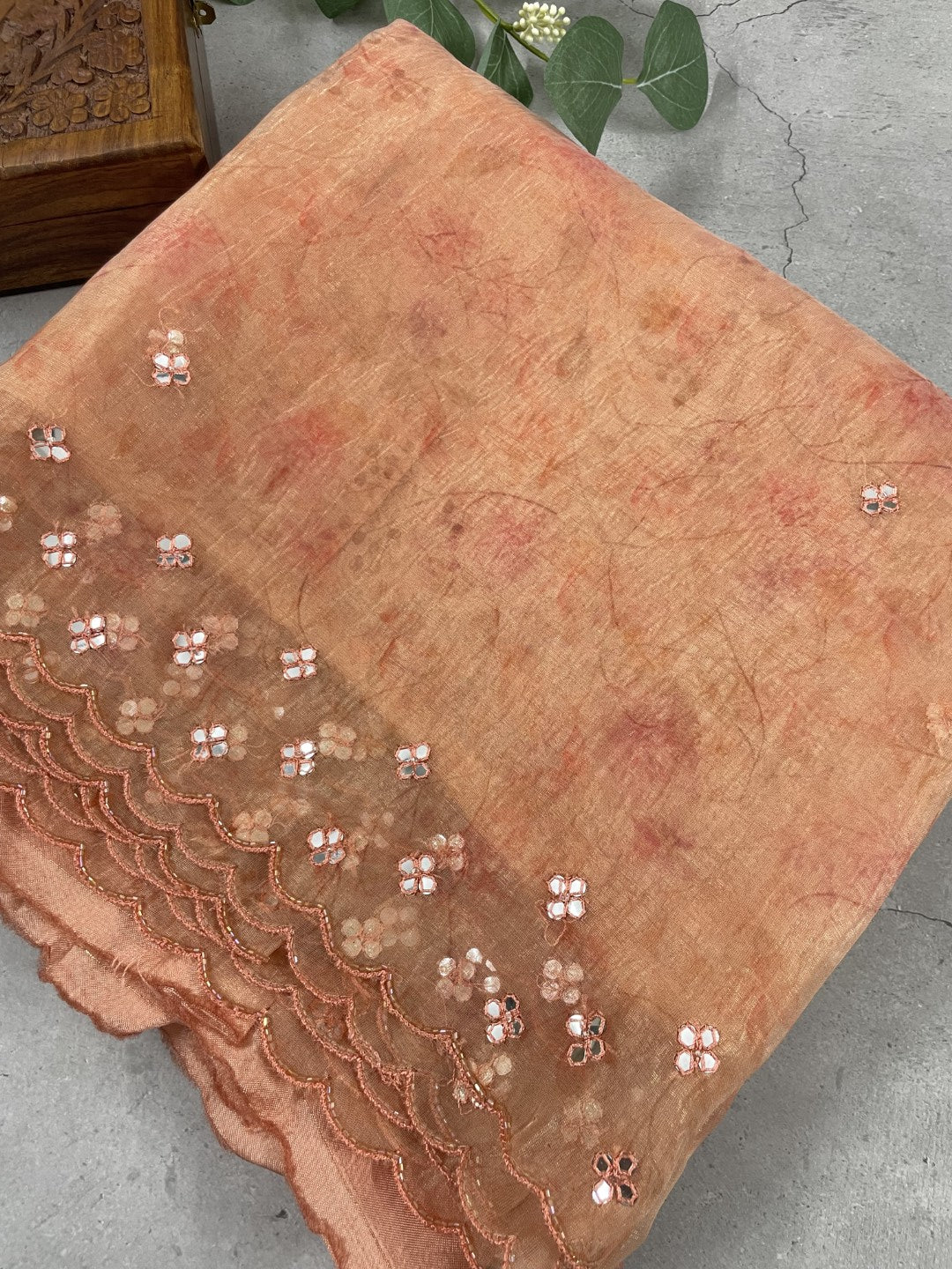 Peach Mirror Embroidered Soft Organza Saree