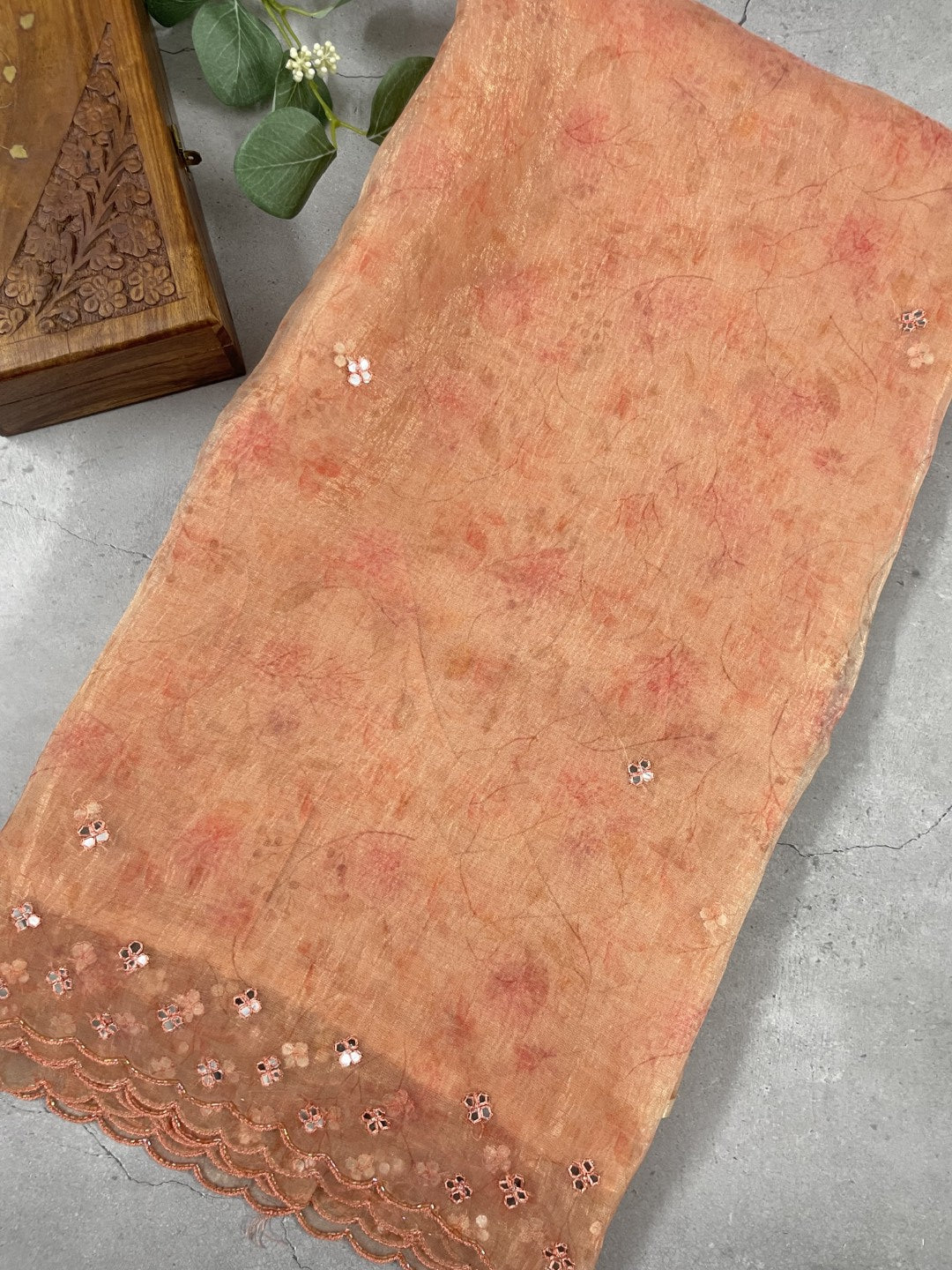 Peach Printed Mirror Work Crushed Tissue Saree