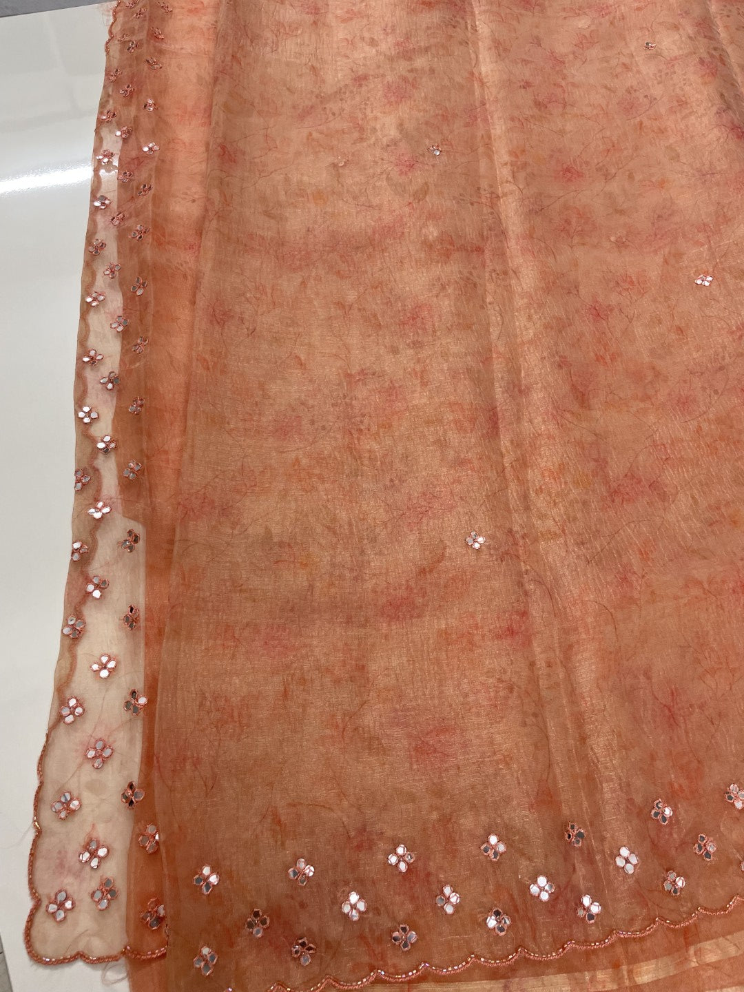 Peach Printed Mirror Work Crushed Tissue Saree