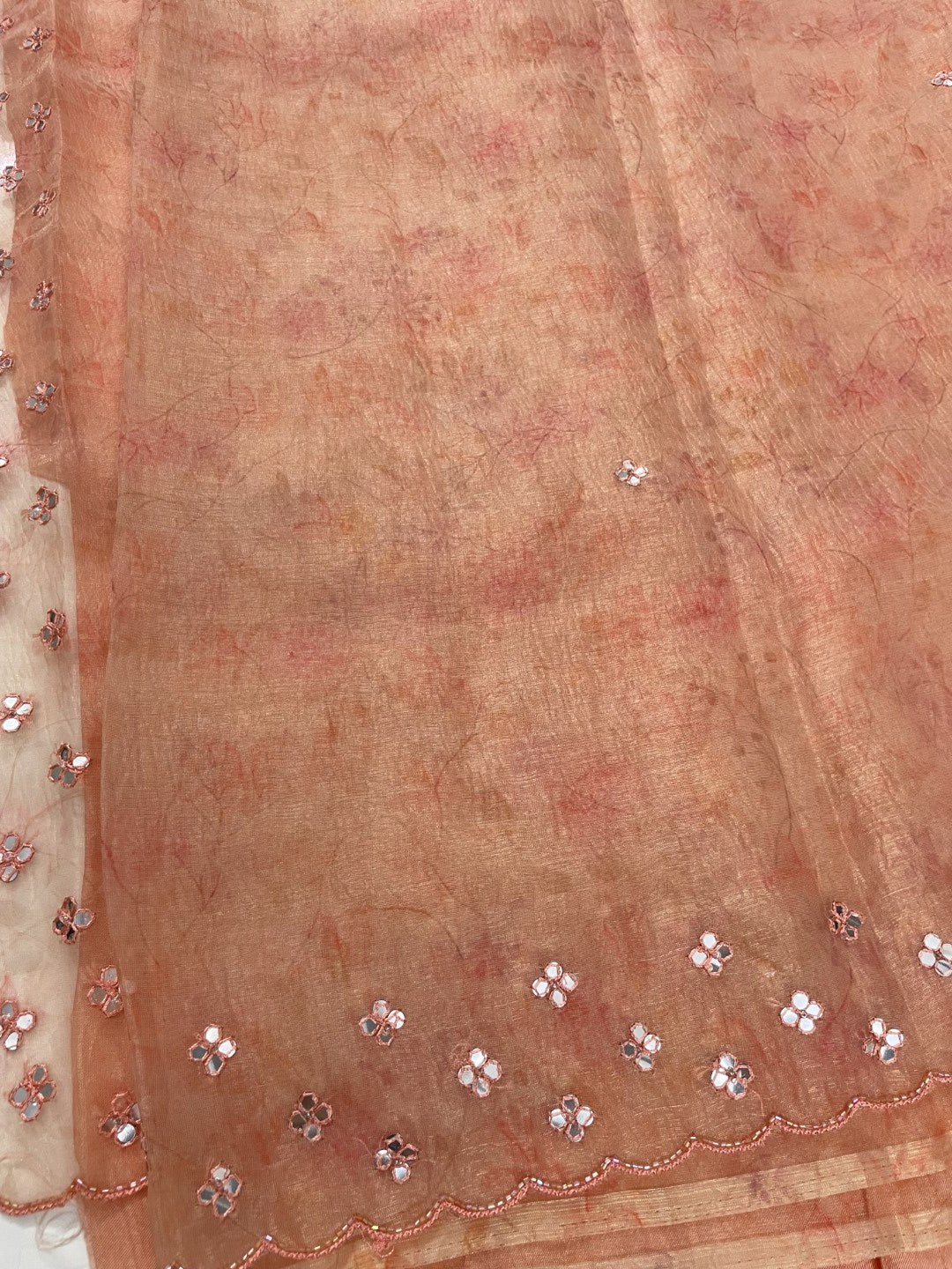 Peach Printed Mirror Work Crushed Tissue Saree