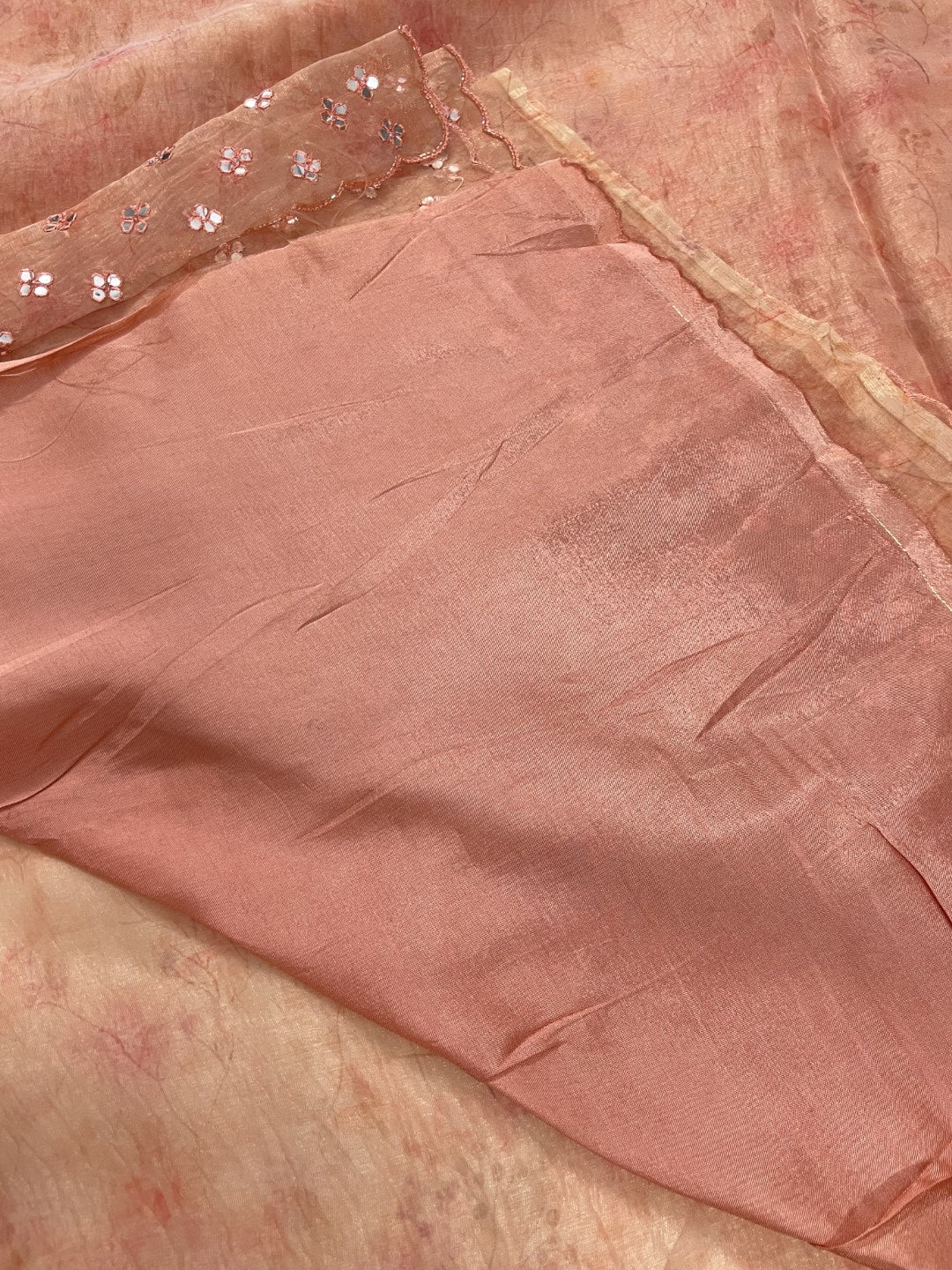 Peach Printed Mirror Work Crushed Tissue Saree
