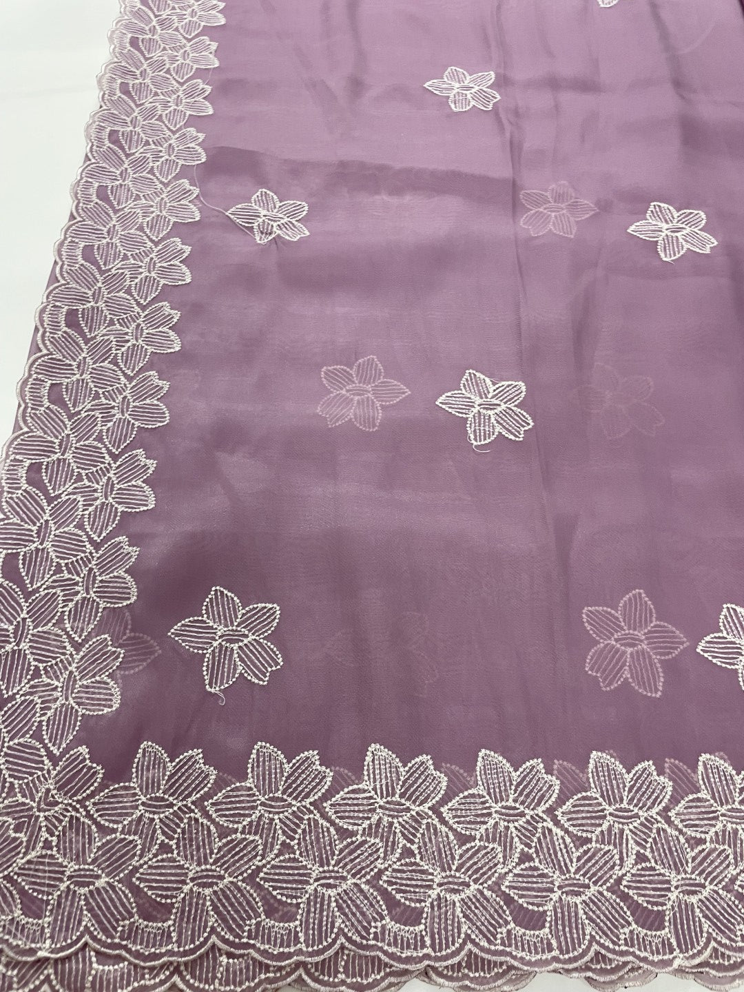 Lavender Embroidered Soft Organza Saree