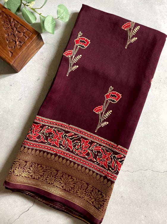 Brown Rose Ajrakh Handblock Dola Silk Saree